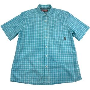 Simms Fishing Shirt Men’s Morada Large Turquoise Plaid UPF Short Sleeve Beach